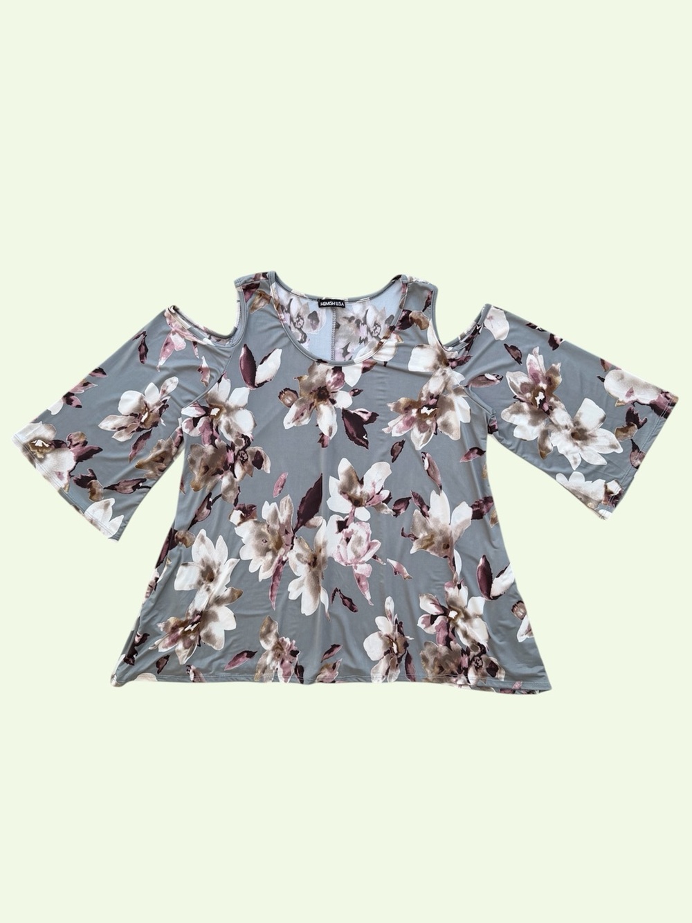 Heimsih U.S.A. Gray Maroon & Cream Floral Cold Shoulders Swing Blouse ~ XL